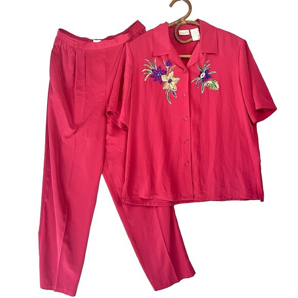 VTG Koret 2 piece hot pink set Shirt Pink Button-Up Embellished Floral Florida L - Picture 1 of 12